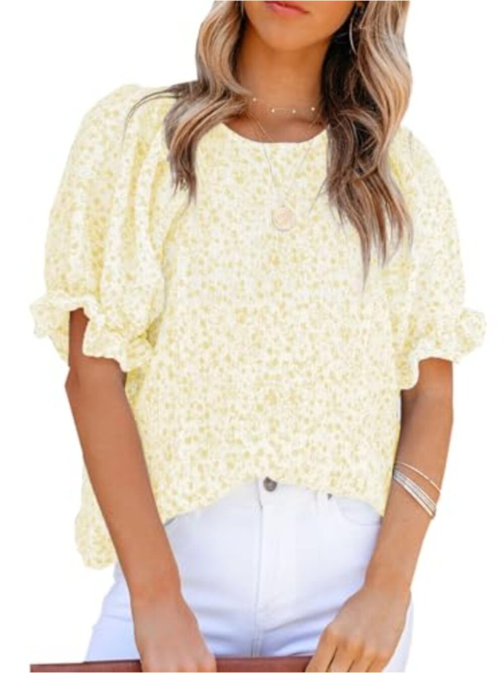 Womens Boho Floral Puff Short Sleeve Babydoll Blouse Summer Top